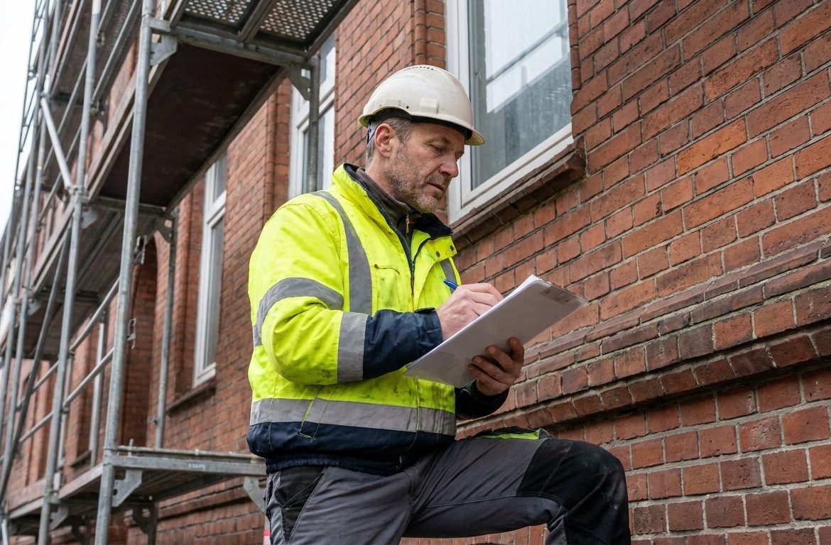 Renovierung Bremerhaven: Handwerker begutachtet Altbaufassade eines norddeutschen Mehrfamilienhauses vor Sanierung