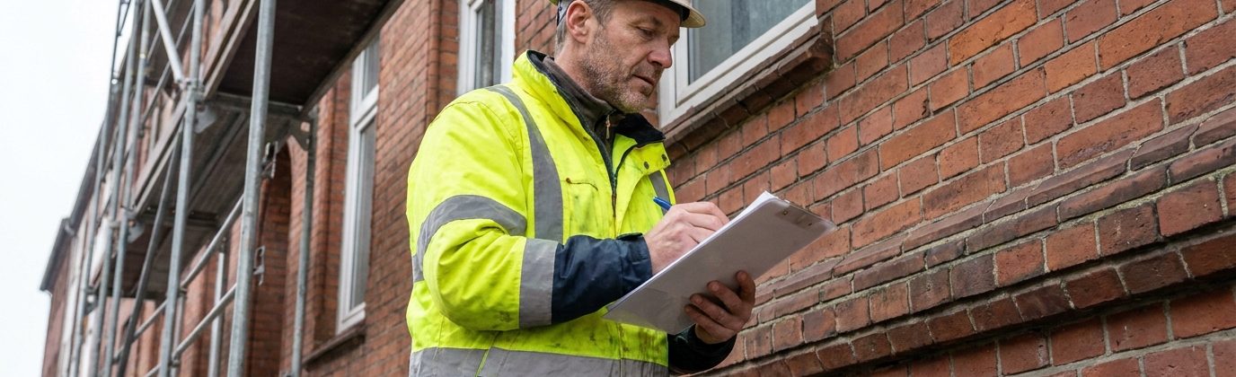 Renovierung Bremerhaven: Handwerker begutachtet Altbaufassade eines norddeutschen Mehrfamilienhauses vor Sanierung