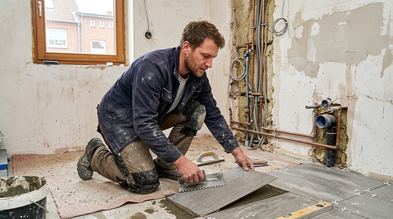 Sanierung Bremerhaven Badezimmer: Handwerker verlegt Fliesen in einer kernsanierten Wohnung im Altbau