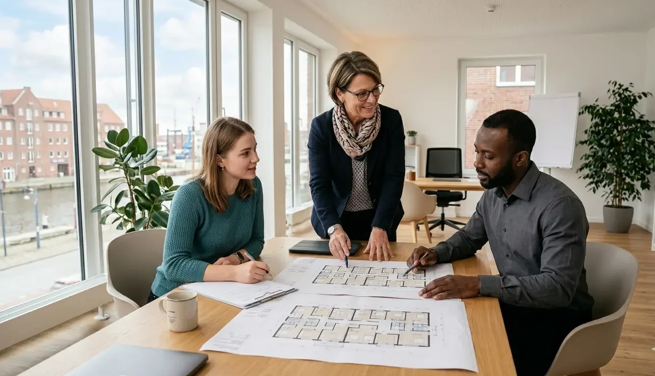 Hausverwaltung Bremerhaven Team bespricht Objektunterlagen gemeinsam in einem modernen Immobilienbüro in Deutschland
