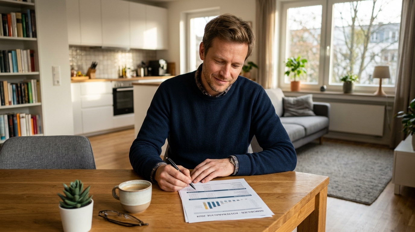 Eigentümer vergleicht Hausverwaltung Kosten Angebote zuhause am Tisch in einer modernen deutschen Wohnung