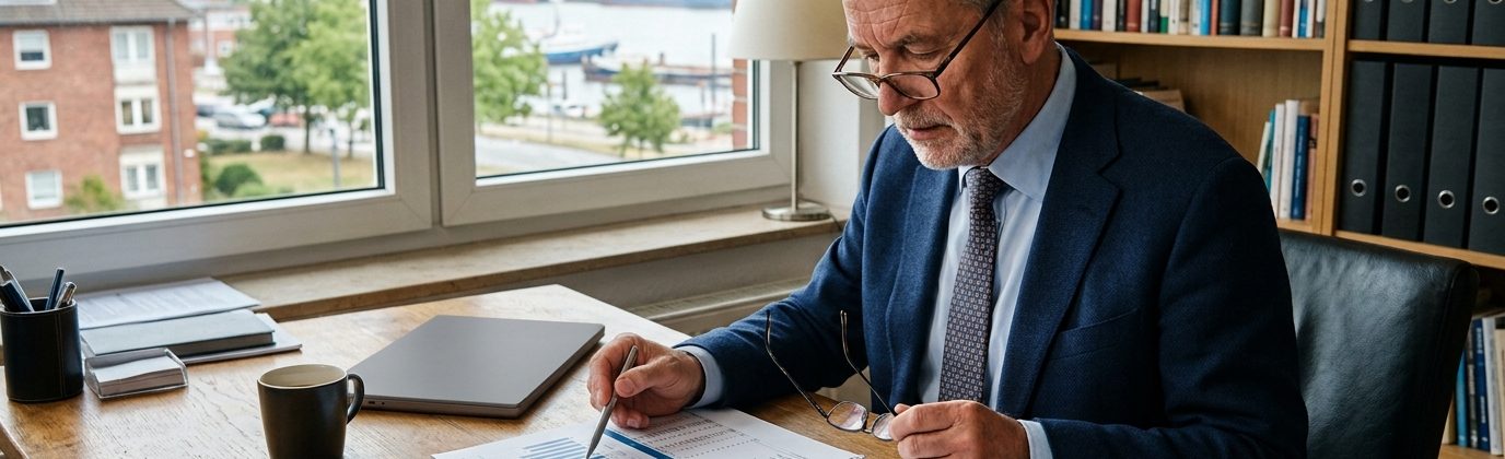 Beiratsvorsitzender prüft in Bremerhaven den Wirtschaftsplan der WEG an seinem häuslichen Schreibtisch sorgfältig